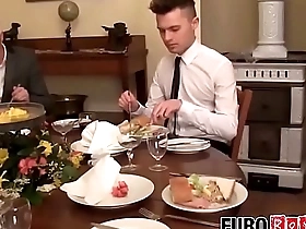 Twink waiter sucks and rides dick after the dinner service