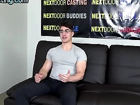 Muscled solo stud with glasses wanks and cums on the casting